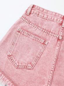 SHEIN Essnce Women's Casual Denim Shorts With Pockets And Frayed Hem, Versatile For Daily Wear - Pink - View 3