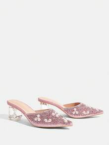 CUCCOO TILAWA Zapatos de mujer con cristales y decoración de cristales de imitación, zapatos de tacón alto puntiagudos, adecuados para salir, banquetes, fiestas y otras actividades - Rosa vieja - Ver 9