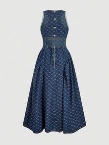 Sweetra Đầm denim xòe xếp ly khoét lỗ thời trang thanh lịch dành cho nữ, kiểu dáng thường ngày, chất liệu denim bạc màu. - Rửa trung bình - Xem 2