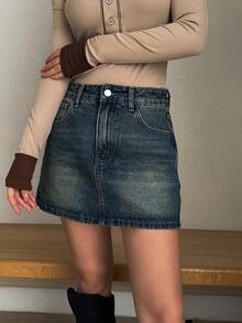 Dazy Tall Tall Women's Regular Waist Short Straight Denim Skirt, Casual Street Style - Dark Wash - View 2
