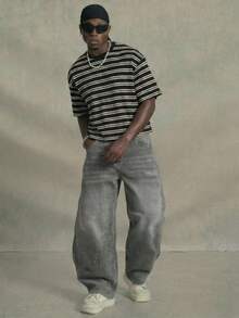 PAVTROS 男士条纹印花圆领短袖休闲宽松T恤，夏季 - 黑與白 - 查看 4