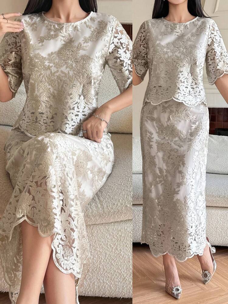 Women's Elegant Lace Round Neck Blouse And Straight Skirt 2 Pieces Set, Summer,Wedding Guest Dress Women