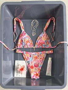 Swim Mod 两件套，春夏海滩度假随机海星和仿珍珠印花配饰，加厚肩带挂脖三角杯文胸和比基尼泳裤，性感女士泳装 - 彩色 - 查看 3