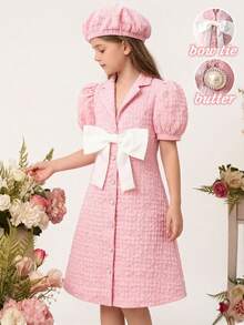 Glamorique Kids 2026春夏新款，少女粉色A字中长连衣裙，蝴蝶结翻领，可爱喇叭下摆，泡泡短袖，带拉链；少女粉色A字中长连衣裙，蝴蝶结装饰，泡泡短袖，可爱斜纹涤纶面料；少女可爱粉色A字中长连衣裙，泡泡短袖，翻领，喇叭下摆，蝴蝶结和珍珠纽扣，适合上学穿着；优雅派对礼服；夏季服装；柔软连衣裙。 - 粉色 - 查看 4