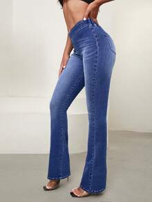 Selenza Women's Asymmetric Waist Casual Flare Leg Jeans - Medium Wash - View 3