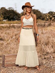 SHEIN LilyWest 2026春夏新款女士优雅性感百搭蕾丝荷叶边衬里半身裙，适合派对、休闲、度假、约会等场合（随机印花） - 杏色 - 查看 4