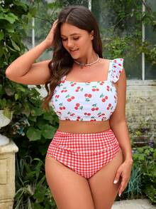 Swim Mod 两件套加大码女装樱桃随机印花装饰荷叶边下摆上衣和格子高腰短裤，可爱甜美度假休闲日常装 - 彩色 - 查看 5