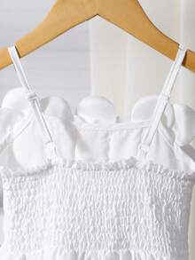 女童甜美优雅白色无袖吊带连衣裙，春夏款，3D立体花朵珍珠装饰，收腰设计，生日派对礼服 - 白色 - 查看 7