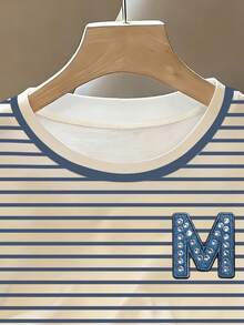 Resyla Women's Casual Vacation & Commute Letter & Rhinestone Striped Print Short Sleeve T-Shirt, Summer - Multicolor - View 4
