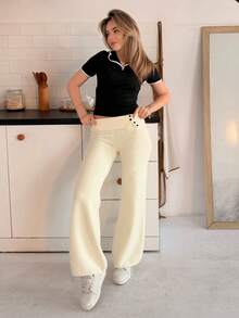 Katetique 女式 Polo 领拼色 T 恤，春夏女式 Polo 衫学院风上衣撞色边饰 Polo 衫 - 黑色 - 查看 4