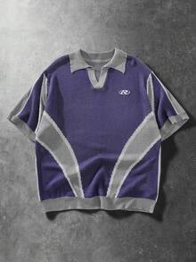 ROMWE MEN Prep 男士休闲短袖套头针织衫 - 藍色 - 查看 1