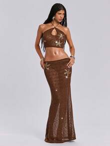 ROMWE 度假风亮片海星图案性感露背系带紧身两件套女装 - 棕色 - 查看 4