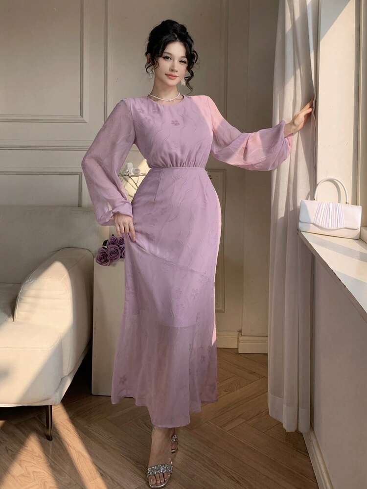 Women's Floral Print Round Neck Lantern Sleeve Elegant Dress, Valentine Outfits For Women Dress Sundress