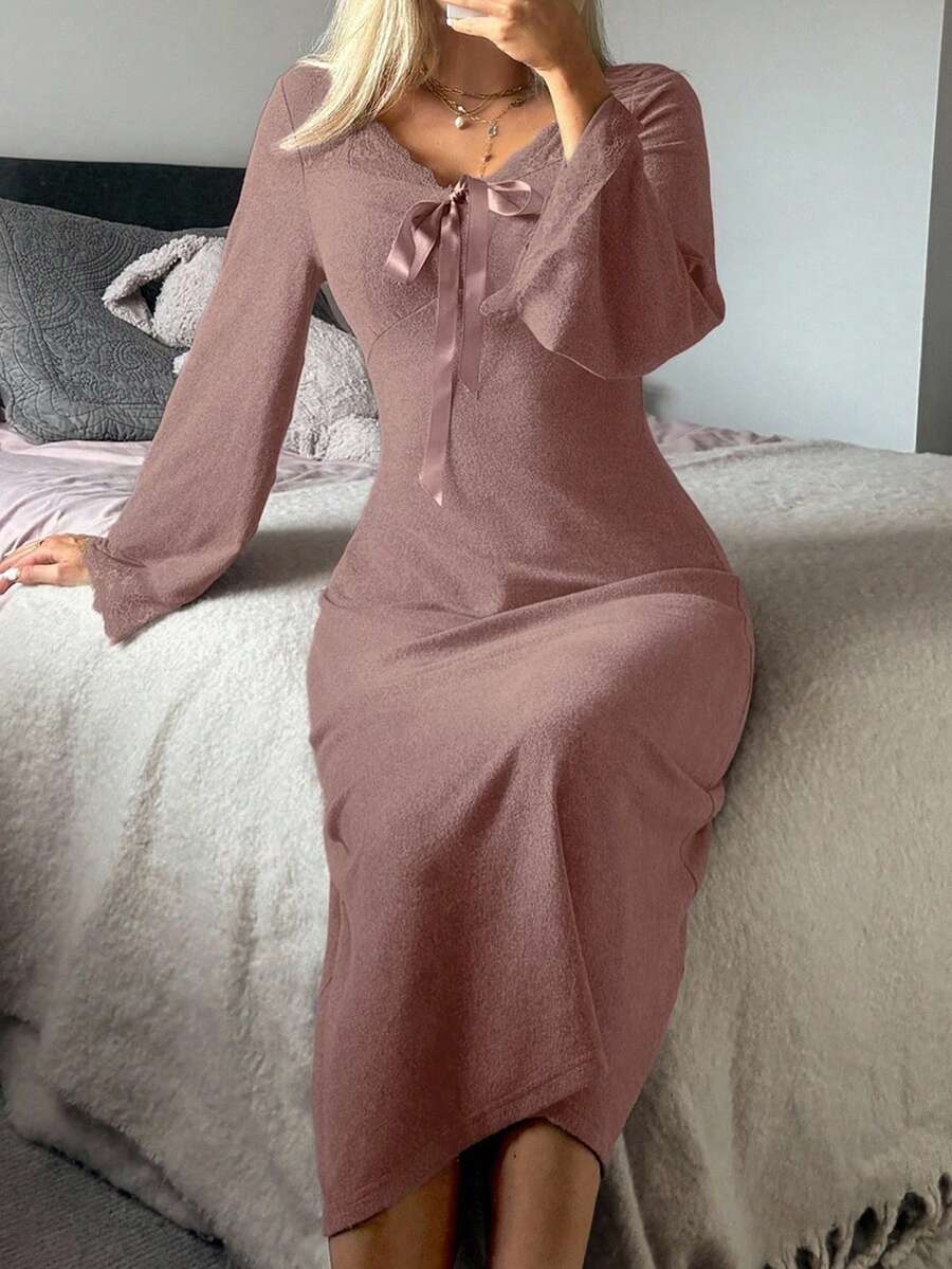 DAZY Gaun Wanita Romantis dengan Ikat Pinggang, Motif Renda dan Patchwork, Cocok untuk Piyama Musim Gugur/Musim Dingin dan Musim Semi - Coral Orange - View 1