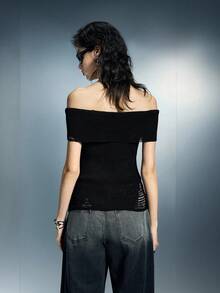 Airlisse Women's Y2K Sexy Off Shoulder Turndown Collar Fitted Knit Sweater Top Off Shoulder Top - Black - View 2
