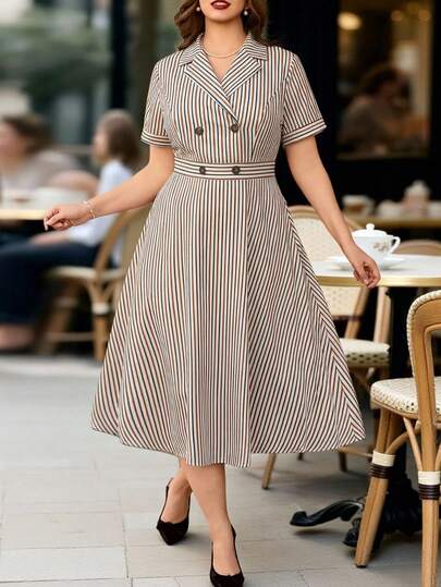 EMERY ROSE 大码复古法式条纹工装连衣裙，高腰收腰A字中长连衣裙，适合通勤