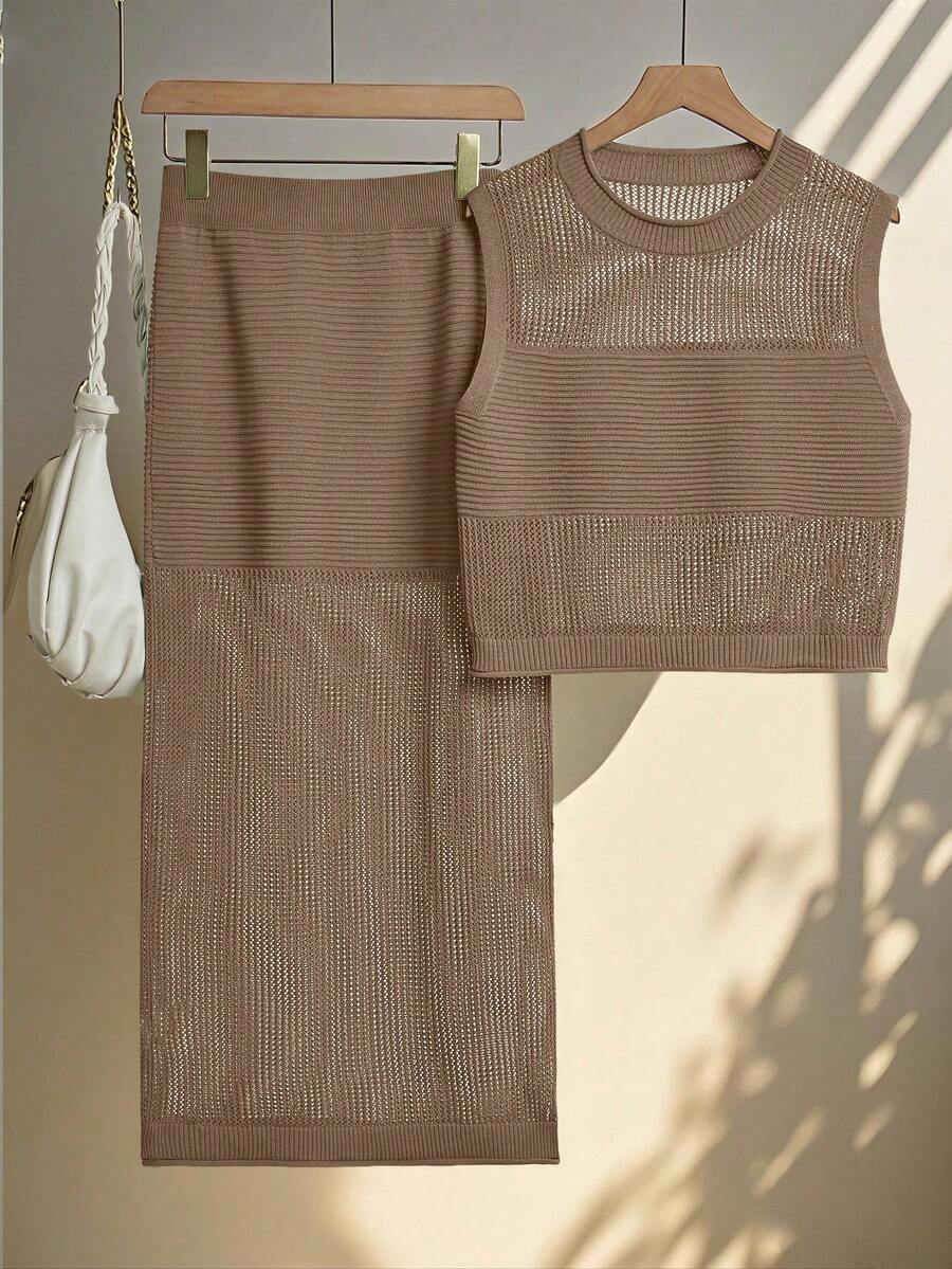 Franclia 女士夏季度假休闲镂空针织背心和裙子两件套 - 駝色 - 查看 1