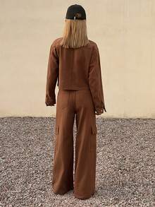 DAZY Women's Collared Long Sleeve Denim Jacket And Relaxed Straight Leg Jeans Casual Denim Suit - Coffee Brown - View 6