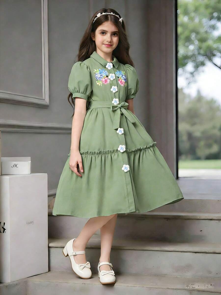SHEIN 女童碎花翻领开衫连衣裙，配腰带，绿色，适合上学、户外活动、派对等场合，可爱优雅，舒适的短袖夏季服装