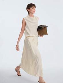 Aalyst Women's Linen Draped Neck Top And Skirt Casual 2 Pieces Set - Beige - View 7