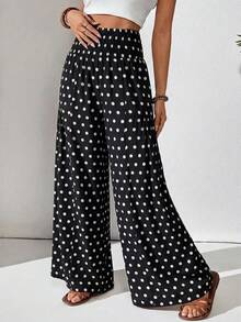 SHEIN Holidaya Quần ống rộng chấm bi cạp chun nữ, quần dài chấm bi dáng rộng, quần dài chấm bi casual mùa xuân hè, phong cách casual đi nghỉ mát, thời trang và thanh lịch, phù hợp cho mặc hàng ngày, đám cưới, tiệc tùng, đi làm, tiệc tốt nghiệp, lễ hội, kỳ nghỉ. - màu đen - Xem 6