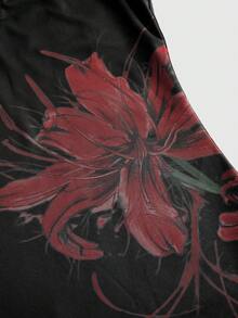 ROMWE Goth 暗黑学院风中国风宇宙花卉印花串珠修身迷你连衣裙 - 黑色 - 查看 4