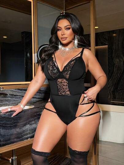 NU&NOW Women's Spring/Summer/Autumn Bodysuit, Ribbon Tight Bodysuit, Social Bodysuit, French Casual Young Elegant Fashion Elastic Knit Versatile Comfortable Undershirt/Outerwear, Young Elegant Sexy Lace Mesh Patchwork Black Bodysuit, Suitable For Dates, Vacation Activities