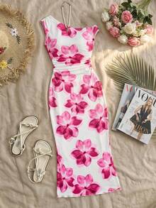 Tween Girl Floral Print Asymmetric Shoulder Ruched Waist Fitted Elegant Dress - Blue - View 1