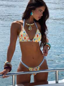 Swim Mod Conjunto de bikini de triángulo con estampado floral y Bottom con lazos laterales para vacaciones de verano en la playa de mujer - Multicolor - Ver 1