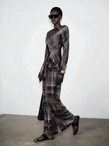 Lumivelle Women's Dark Grey Plaid 2 Pieces Set,Autumn Elegant Dining Outfit,Wrap-Style Draped Collar,Waist Ruching,High-Waisted Wide-Leg Straight Pants,Retro - Multicolor - View 4