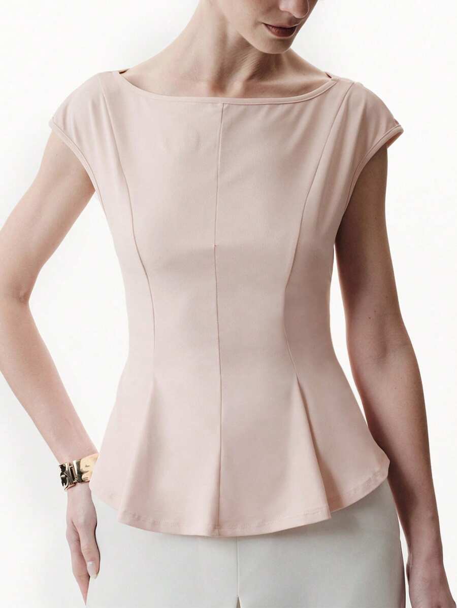 Aalyst Women's Elegant Blush Pink Summer Office T-Shirt,Stretchy Cotton Knit Boat Neck Cinched Waist Flared Hem Top For Wedding,Workplace, Vacation - Baby Pink - View 1