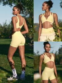 GLOWMODE FeatherFit™-Sculpt Double Glow Buttery-Soft Stretchy Removable Cups Push-Up Adjustable Halterneck 2 In 1 Style Sports Bra Running Workout Gym - French Vanilla - View 9