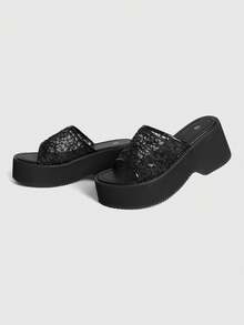 Sugerpunk Sandalias de plataforma con cuña y diseño calado de moda para mujer en color negro - Negro - Ver 9