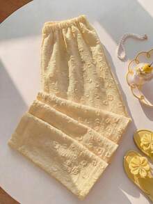 Elamini 1pc Women's Sweet Romantic Waist Tie Elastic Waist Jacquard Design Low Waist Casual Straight Leg Pants, Suitable For Home, Daily, Office, Dating, Travel, All Seasons, Sunshine Yellow - Yellow - View 2