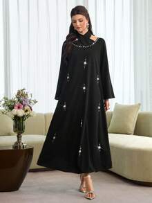 Al Najma 女士春夏黑色针织雪纺长袖泡泡珍珠优雅浪漫阿拉伯风格连衣裙 - 黑色 - 查看 8