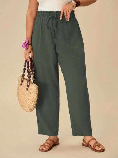 Travachic Plus Size Women Solid Color Drawstring Waist Casual Versatile Daily Wear Pants Olive Green Pants