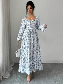 Rafferiza 蓝色碎花方领长袖喇叭腰身修身后褶长连衣裙，适合春夏穿着 - 藍色 - 查看 6