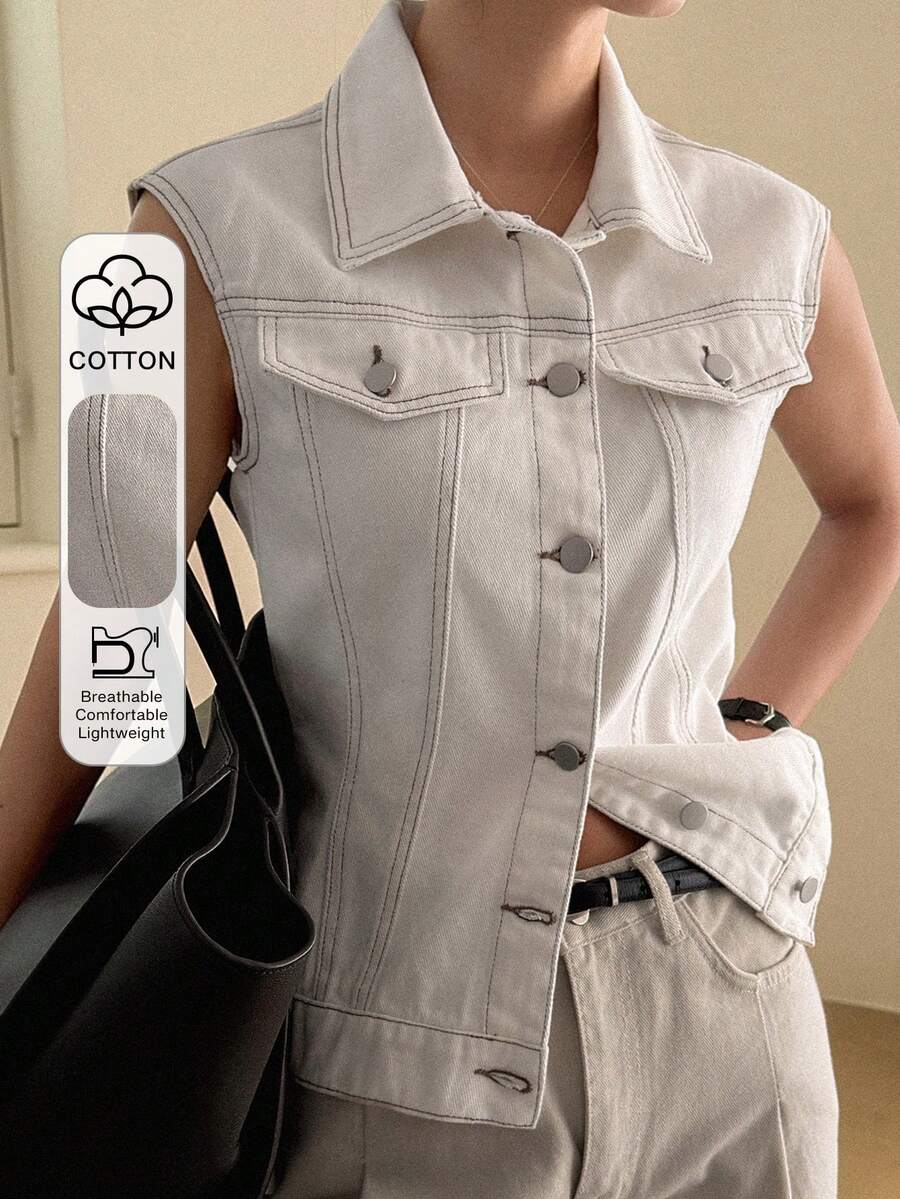DAZY Women's Collared Sleeveless Fitted Casual Denim Blouse - White - View 1