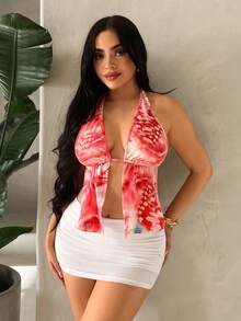 SHEIN SXY Summer Front Slit, Backless, Knotted Halterneck Black Top,Carnival,Party,Rave Outfit ,Summer, Spring,Valentine's Day,Beach,Going Out,Vacation,Y2K - Multicolor - View 8