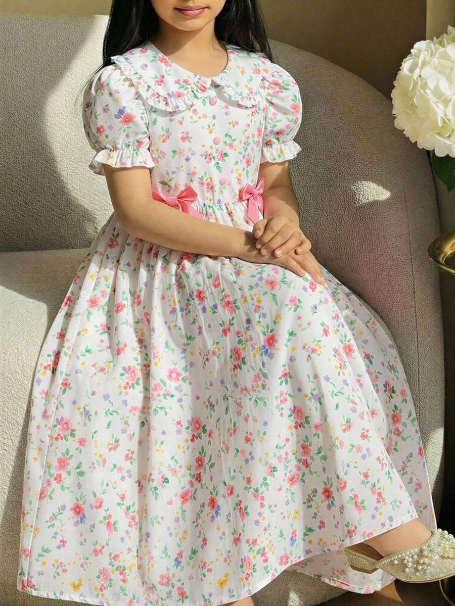 优雅女童连衣裙，柔和配色，舒适剪裁，适合学校活动、郊游和甜美搭配，春季必备。 - 黃色 - 查看 1