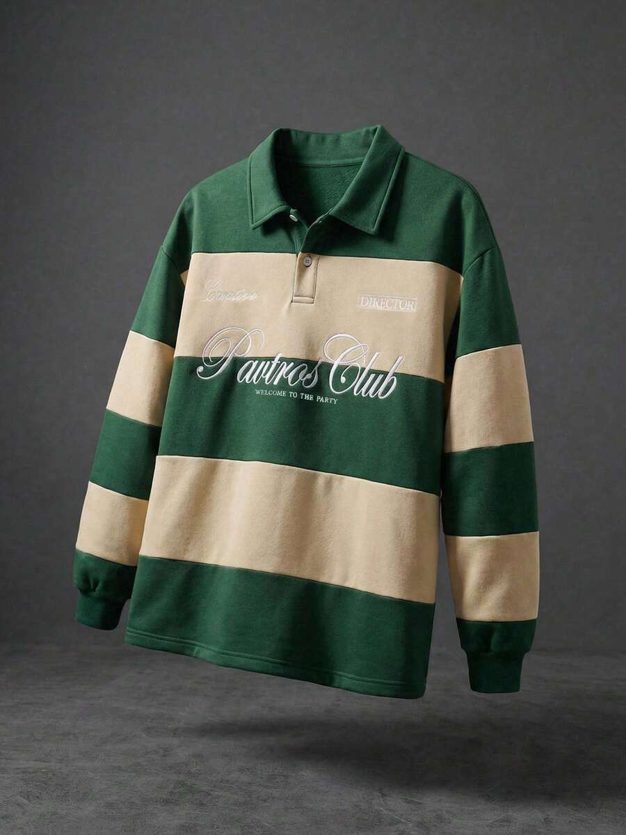 PAVTROS Men's Casual Fashion Patchwork Striped Embroidered T-Shirt - Army Green - View 1