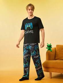 男士游戏手柄及字母印花短袖上衣和裤子睡衣套装，春夏秋季 - 彩色 - 查看 5