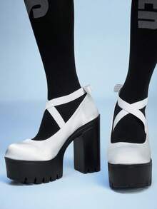 Sugerpunk Women's Fashion Casual High-Heeled Shoes, Punk Style Thick Platform Solid Color Cross Elastic Band Slip-On Bow Decoration Comfortable Nightclub Party Festival Women's Shoes - White - View 2