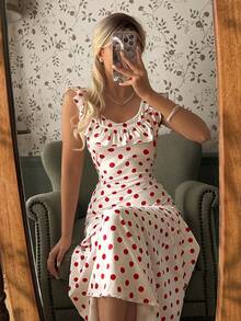 SHEIN Elegant Red Polka Dot Ruffle Hem Dress For Women, Summer - White - View 4