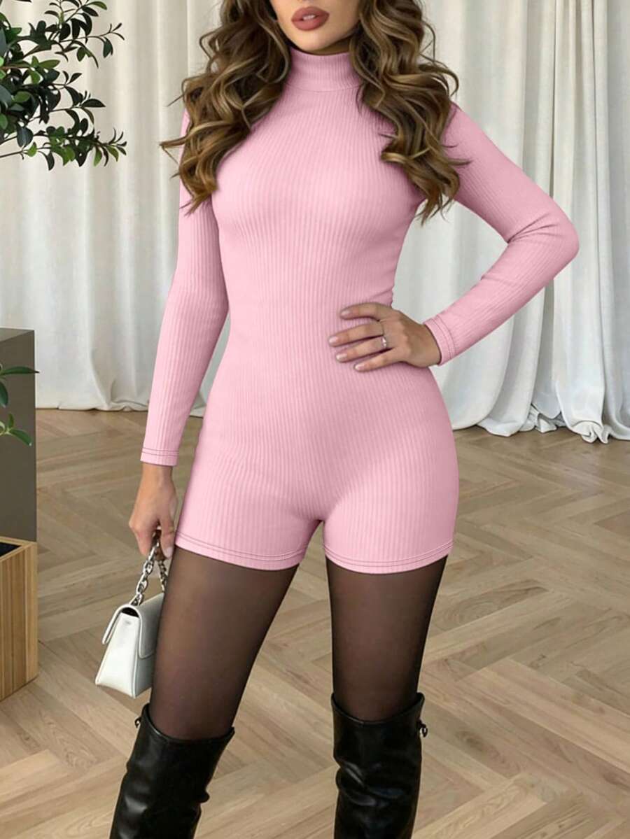 INAWLY Turtleneck Long Sleeve Bodycon Jumpsuit - Pink - View 1