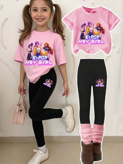 Young Girls' Casual Cartoon K-POP Anime Style Graphic Short Sleeve T-Shirt And Leggings Set, Suitable For Outings In Summer