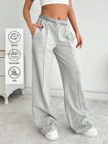 EURMUSE Women Solid Color Mid Waist Straight Sweatpants - Grey - View 1