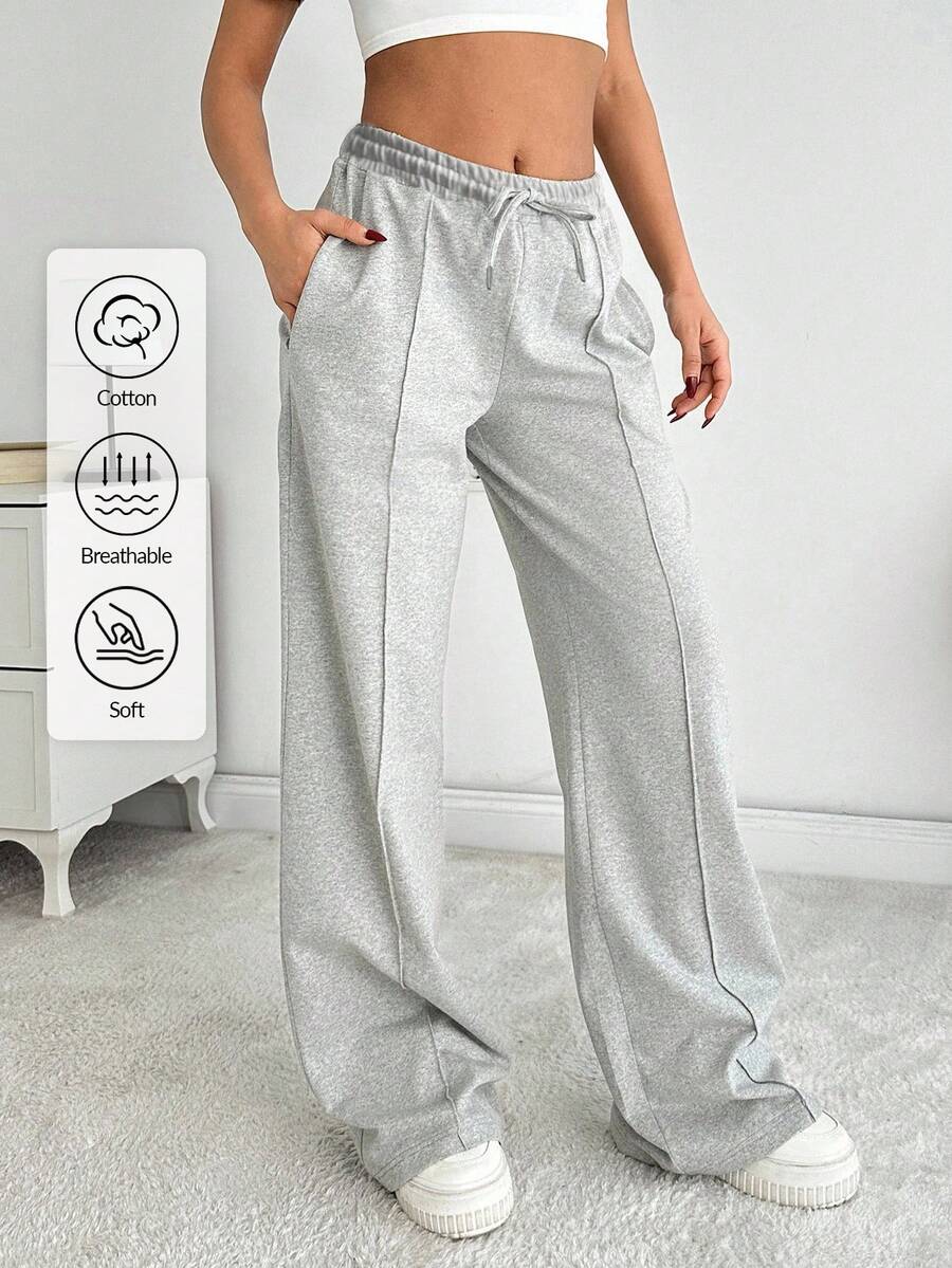 EURMUSE Women Solid Color Mid Waist Straight Sweatpants - Grey - View 1