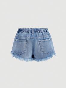 Sweetra Plus Size Distressed Frayed Hem Slant Pocket Casual Denim Shorts - Light Wash - View 2