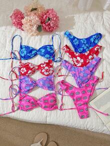 Elavelle Springbreak Women's Random Silver Printed Spaghetti Strap Twist Knot High Cut Sexy Bikini Set For Summer - Multicolor - View 1